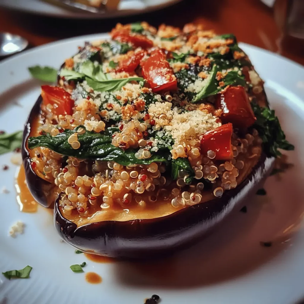 Vegetarian Stuffed Eggplant with Quinoa and Spinach