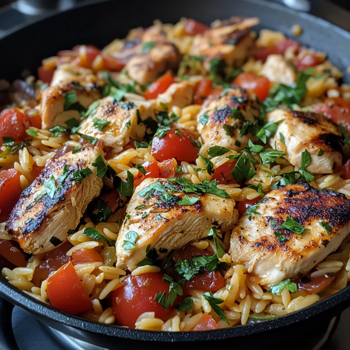 Mediterranean Chicken Orzo Skillet