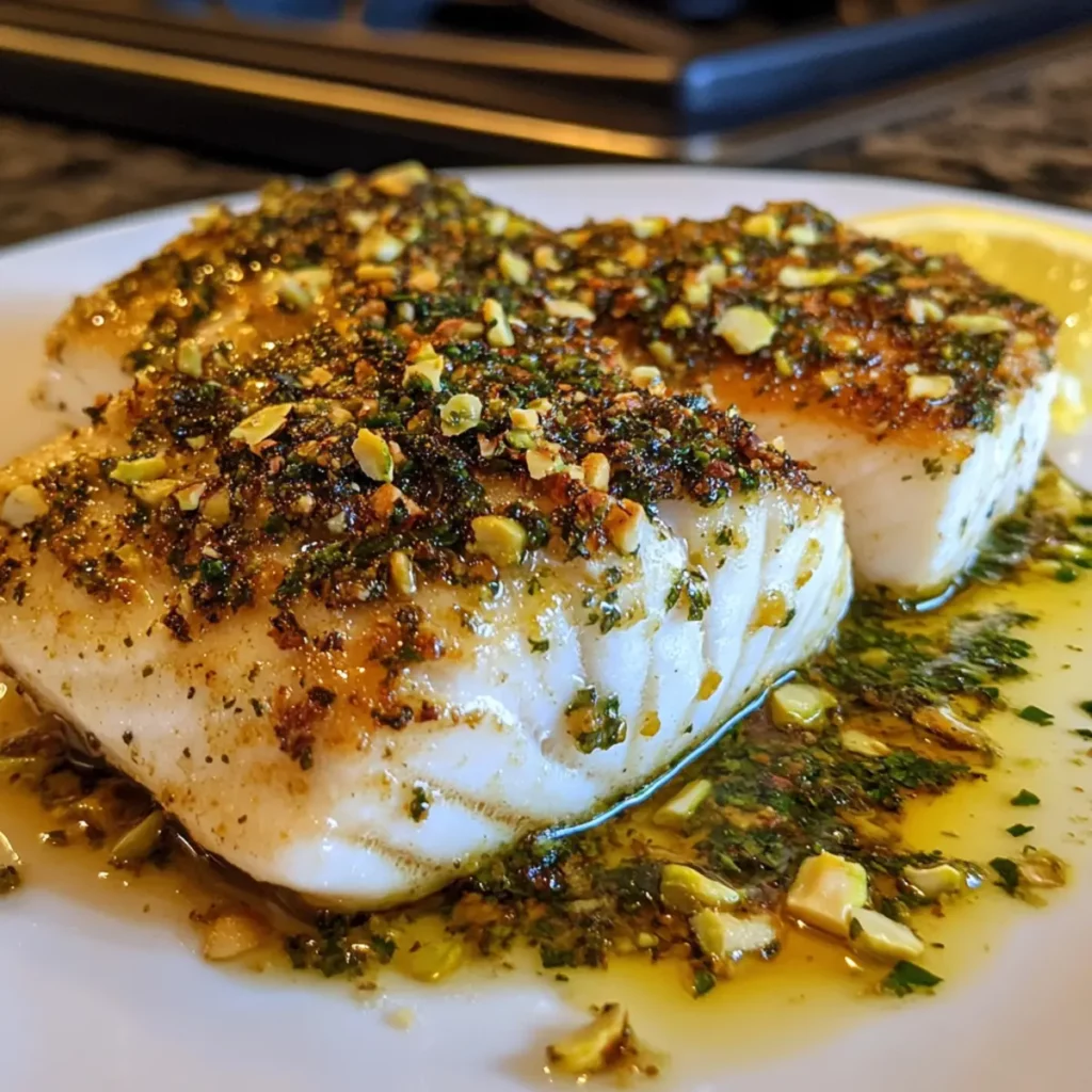 Pistachio Herb Crusted Baked Halibut