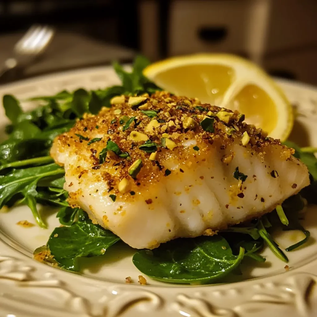 Lemon Pistachio Crusted Cod with Spring Greens