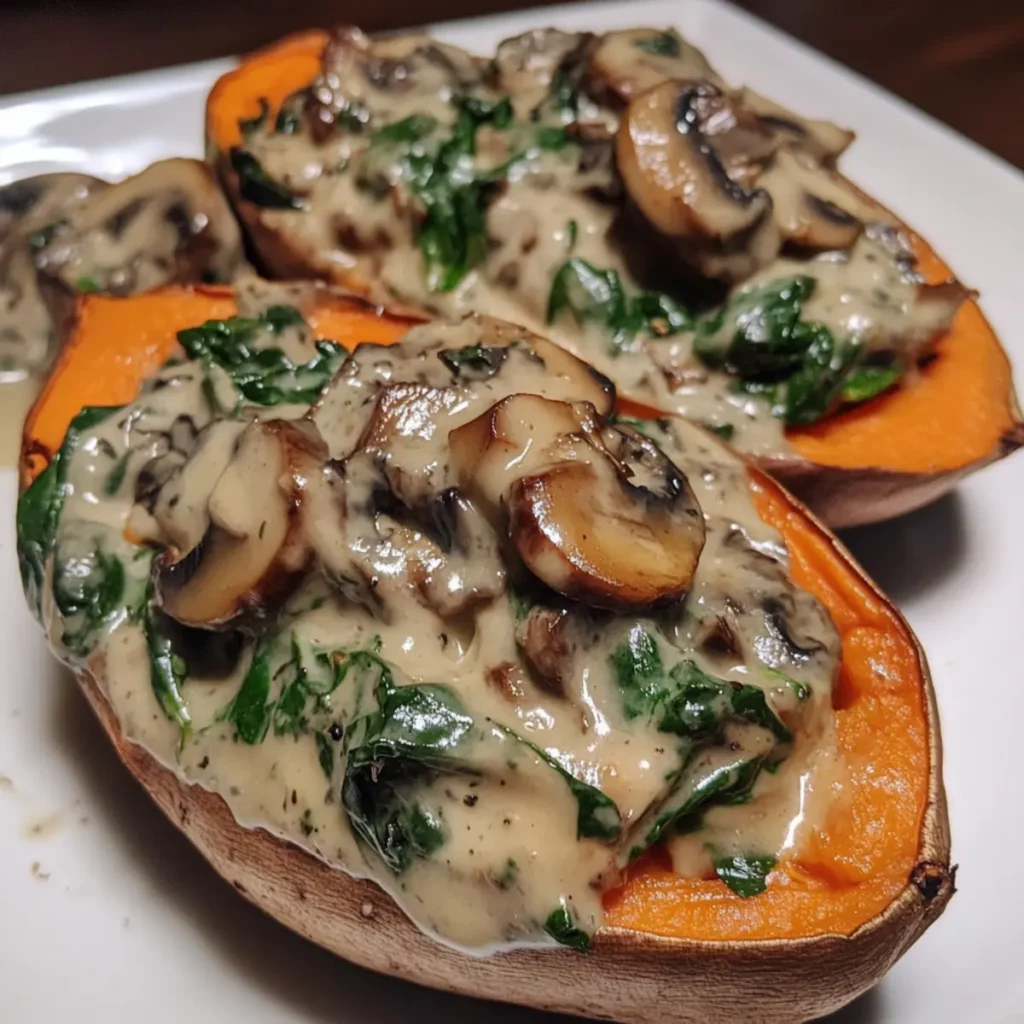 Creamy Mushroom Spinach Stuffed Sweet Potatoes