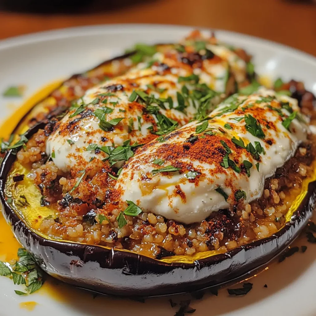 Turkish Stuffed Eggplant with Spiced Bulgur & Yogurt