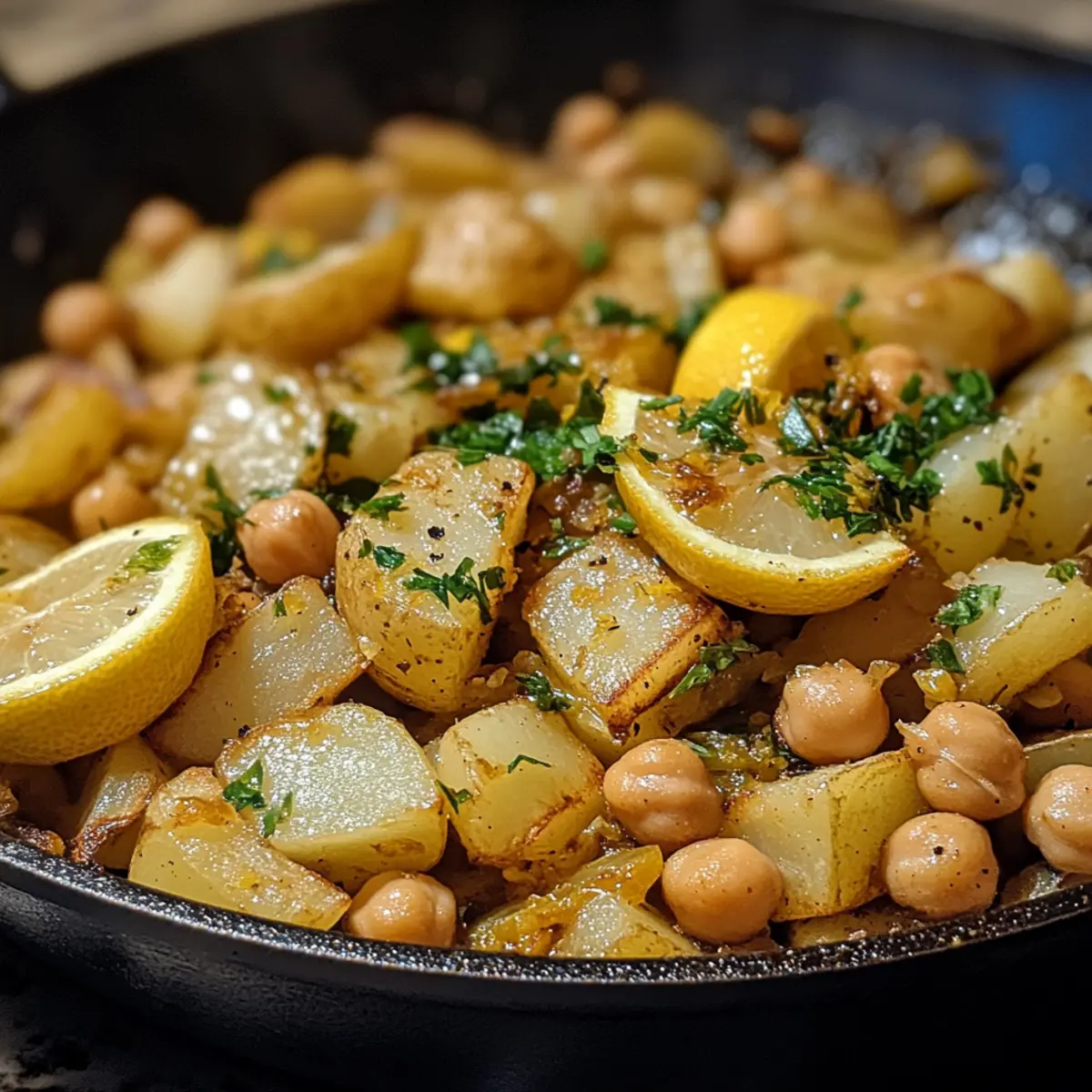Greek Lemon Potato & Chickpea Skillet Dinner